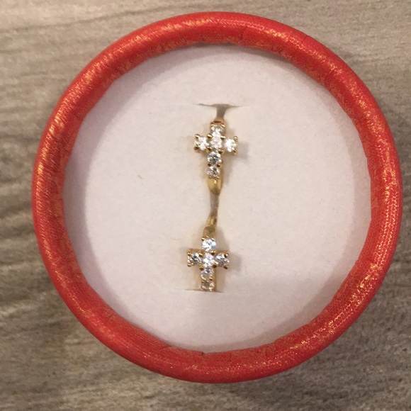 Gold CZ  cross huggie earrings - Picture 2 of 5